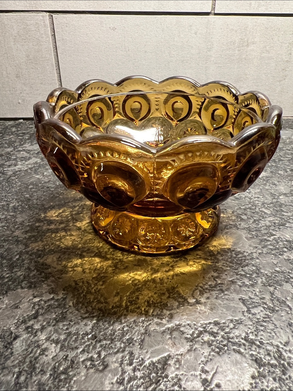 L.E. Smith Glass Co Amber Pressed Glass Pedestal Bowl Moon and Stars. Candy dish